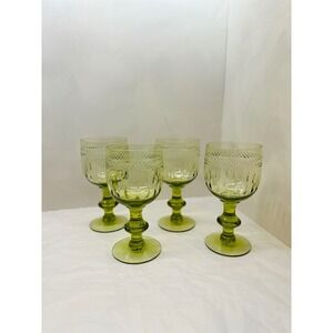 Vintage MCM Green Glass Wine Goblets Diamond Lattice Stemware Set of 4 6.75"